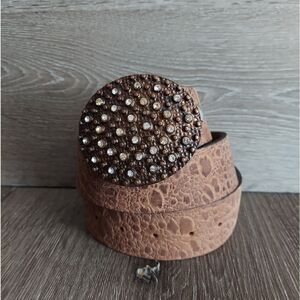 ENMON Brown Embossed Alligator Design Leather Belt Rhinestone Buckle Large